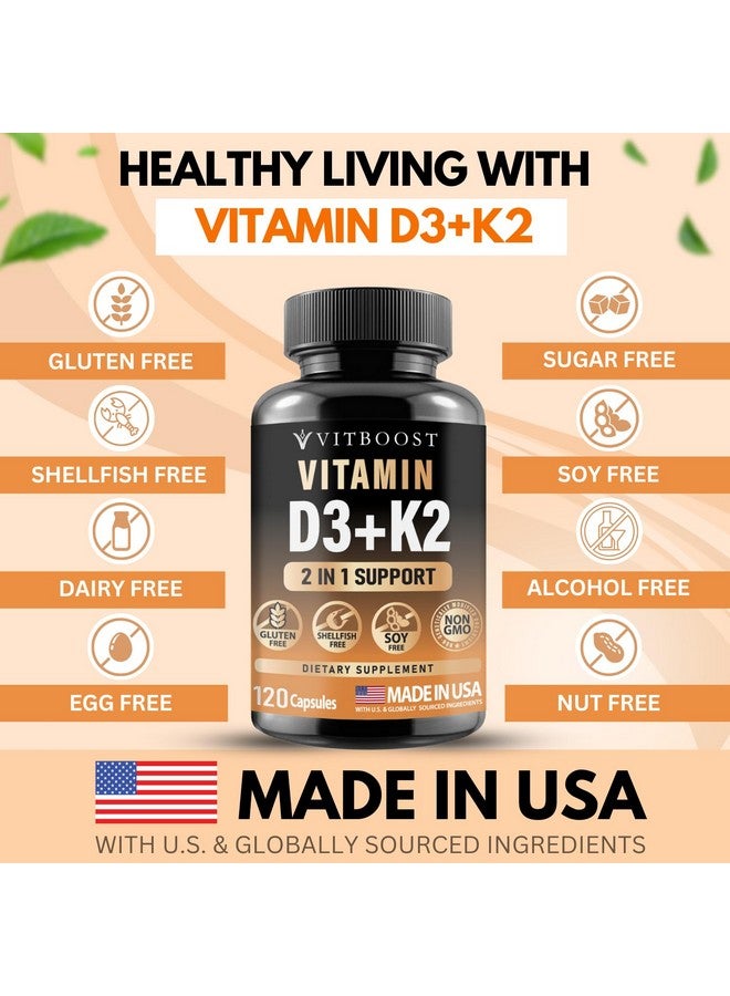 VITBOOST VITBOOST Vitamin D3 K2 Complex - Easy to Swallow - Vitamin D (D3) 5000 IU (125 mcg) & K2(MK-7) 90 mcg | Non-GMO | Gluten-Free | USA Made | 120 Capsules  - Image 4