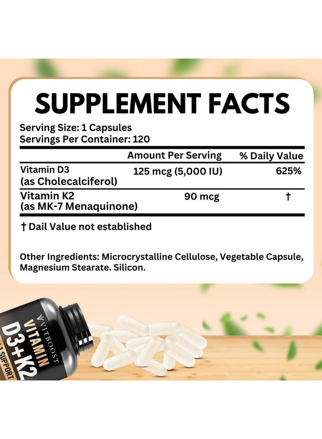VITBOOST VITBOOST Vitamin D3 K2 Complex - Easy to Swallow - Vitamin D (D3) 5000 IU (125 mcg) & K2(MK-7) 90 mcg | Non-GMO | Gluten-Free | USA Made | 120 Capsules  - Image 3