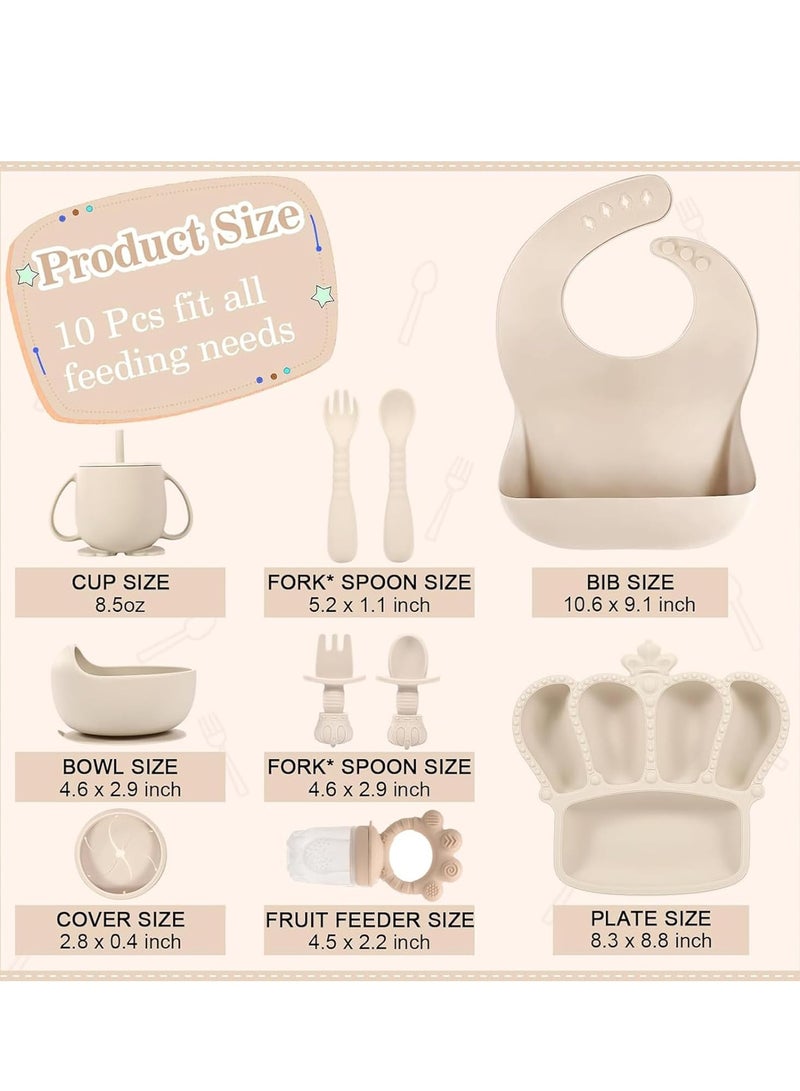 GUDOO 10 Pack Silicone Baby Feeding Set Baby Led Weaning Supplies Suction Bowl Divided Plate Baby Bibs Fruit Feeder Baby Spoons Forks Sippy Cup Toddler Utensil Sets Baby Essentials for Newborn Gift - Image 2