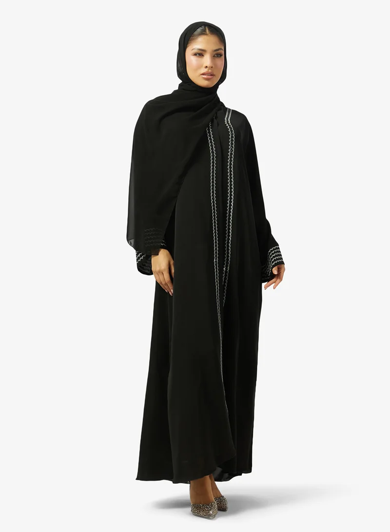 Lace Embellished Open Front V Neck Abaya