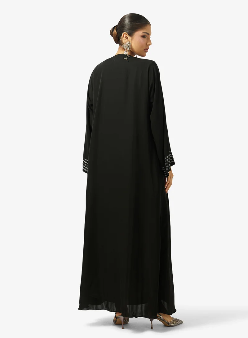 hayas closet  Lace Embellished Open Front V Neck Abaya for Women | Best Price UAE