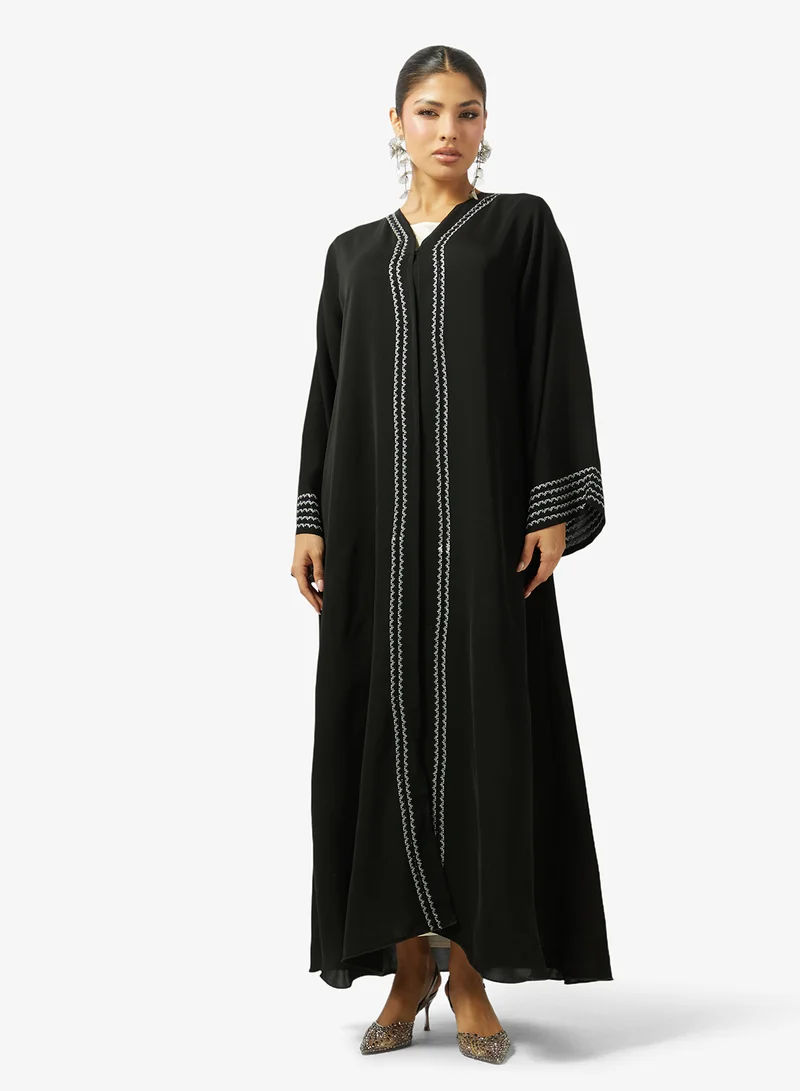 hayas closet  Lace Embellished Open Front V Neck Abaya for Women | Best Price UAE