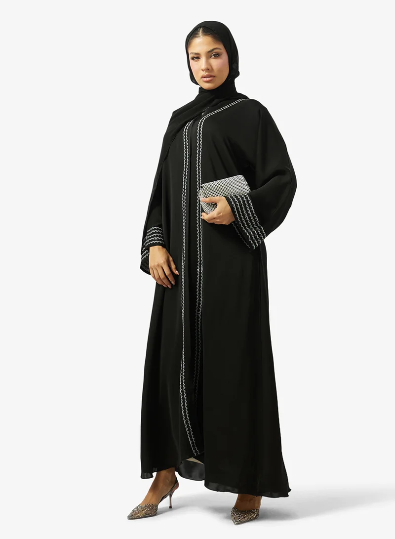 hayas closet  Lace Embellished Open Front V Neck Abaya for Women | Best Price UAE