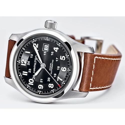 Hamilton Watch Khaki Field Auto | Swiss Made | 42mm Stainless Steel Case | Black Dial Analog Watch | Leather Strap (Model: H70555533) - Image 4