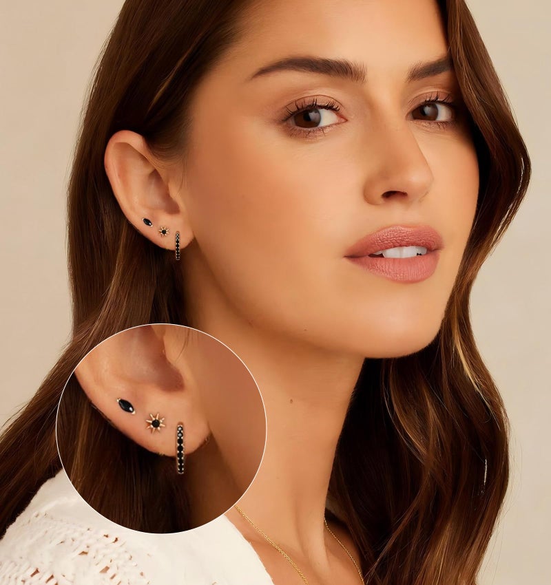 YEEZII Gold Stud Earrings for Women, 6 Pairs 14K Hypoallergenic Cartilage Earrings for Multiple Piercing, Dainty Small Stackable Hoop Ball Earrings Set (Black-CZ-6 Pairs) - Image 2