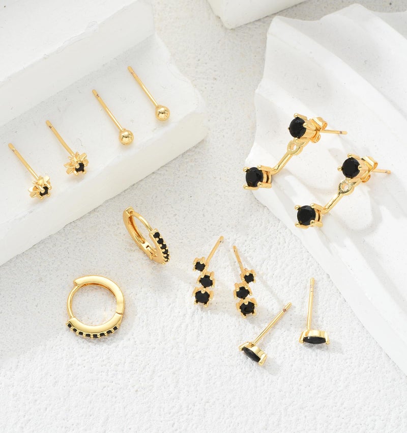 YEEZII Gold Stud Earrings for Women, 6 Pairs 14K Hypoallergenic Cartilage Earrings for Multiple Piercing, Dainty Small Stackable Hoop Ball Earrings Set (Black-CZ-6 Pairs) - Image 5