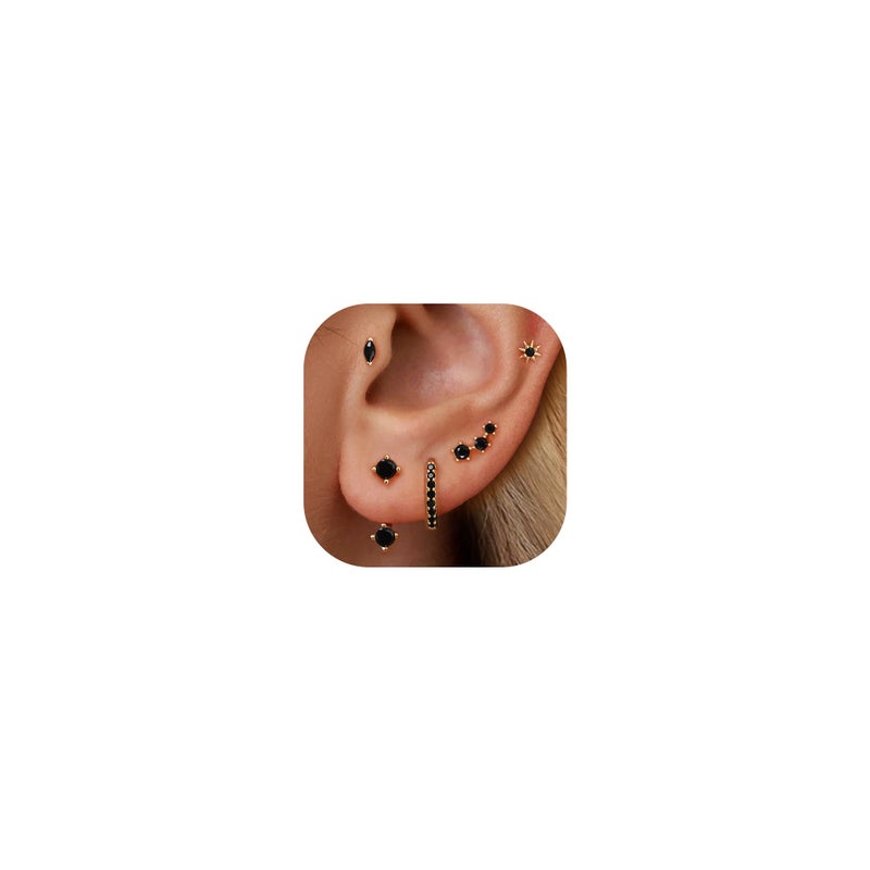 YEEZII Gold Stud Earrings for Women, 6 Pairs 14K Hypoallergenic Cartilage Earrings for Multiple Piercing, Dainty Small Stackable Hoop Ball Earrings Set (Black-CZ-6 Pairs) - Image 1