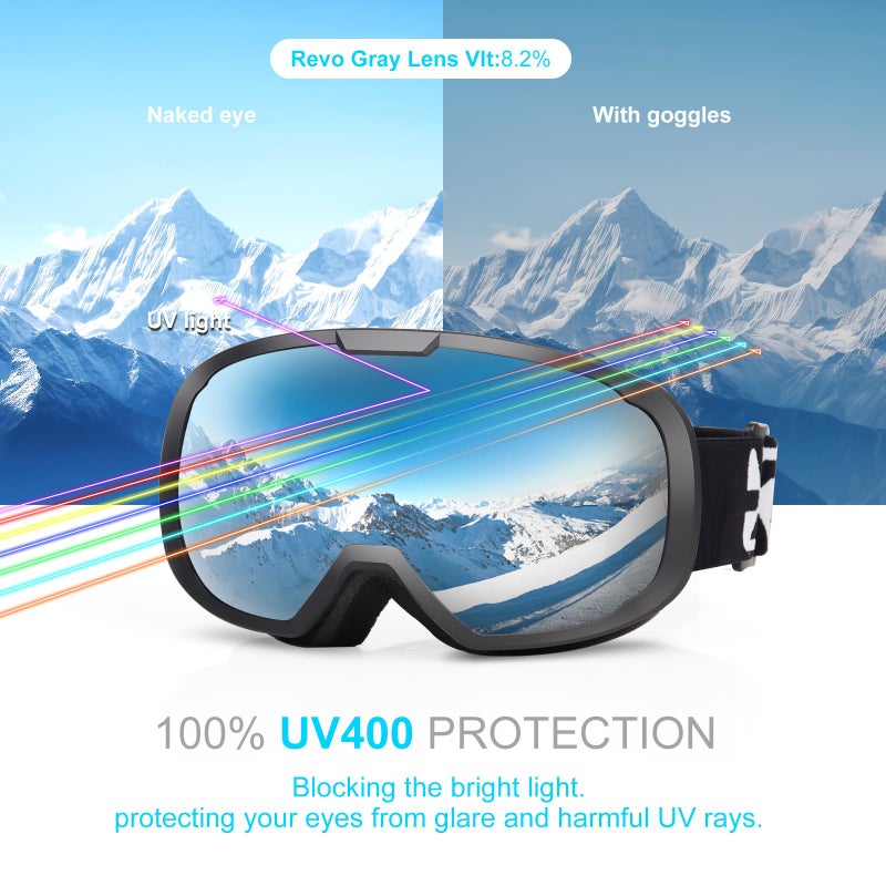 EXP VISION Ski Goggles for Men Women, OTG Snowboard Goggles with 100% UV Protection Anti Fog Lens Snow Goggles (Silver Black) - Image 4