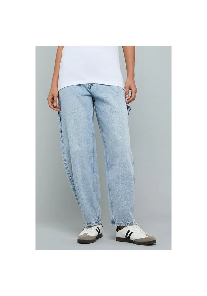 R&b Washed Barrel Fit Jeans With Button Closure