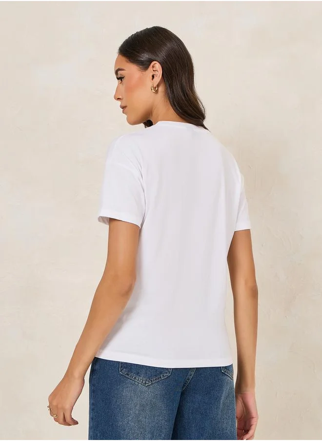 Styli Regular Fit Desert Vibes Embroidered Slogan T-Shirt