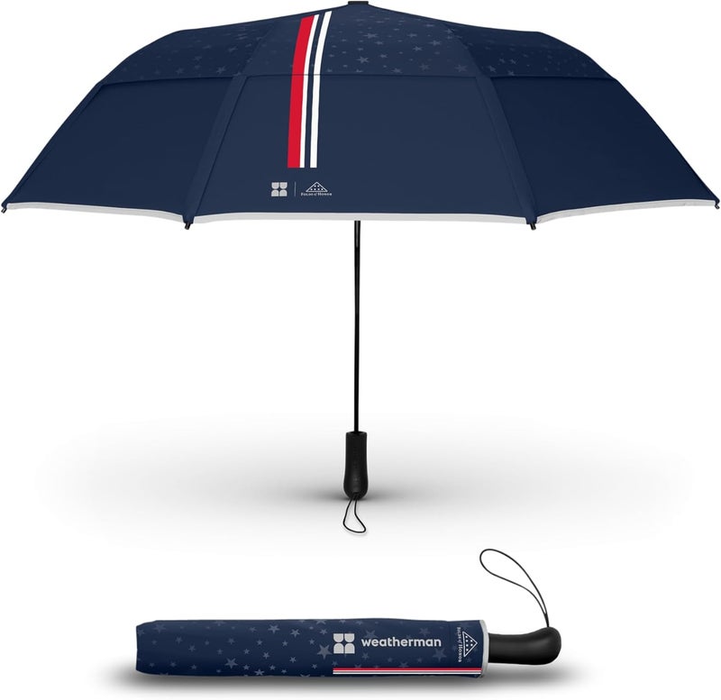 Weatherman - Folds of Honor - Premium Collapsible Travel Umbrella - Windproof, Compact, Easy Auto Open - Resists Up to 55 MPH Winds - Perfect for Celebrations (FOH Blue 2025) - Image 1