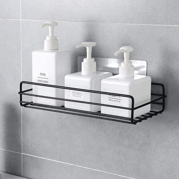 METAL BATHROOM SHELVE PUNCH LESS SELFADHESIVE FRAME SHAMPOO STORAGE RACK MULTIPURPOSE KITCHEN WALL SHELF CADDIES WITH MAGIC STICKER ACCESSORIES ORGANIZER PACK OF 1 BLACK