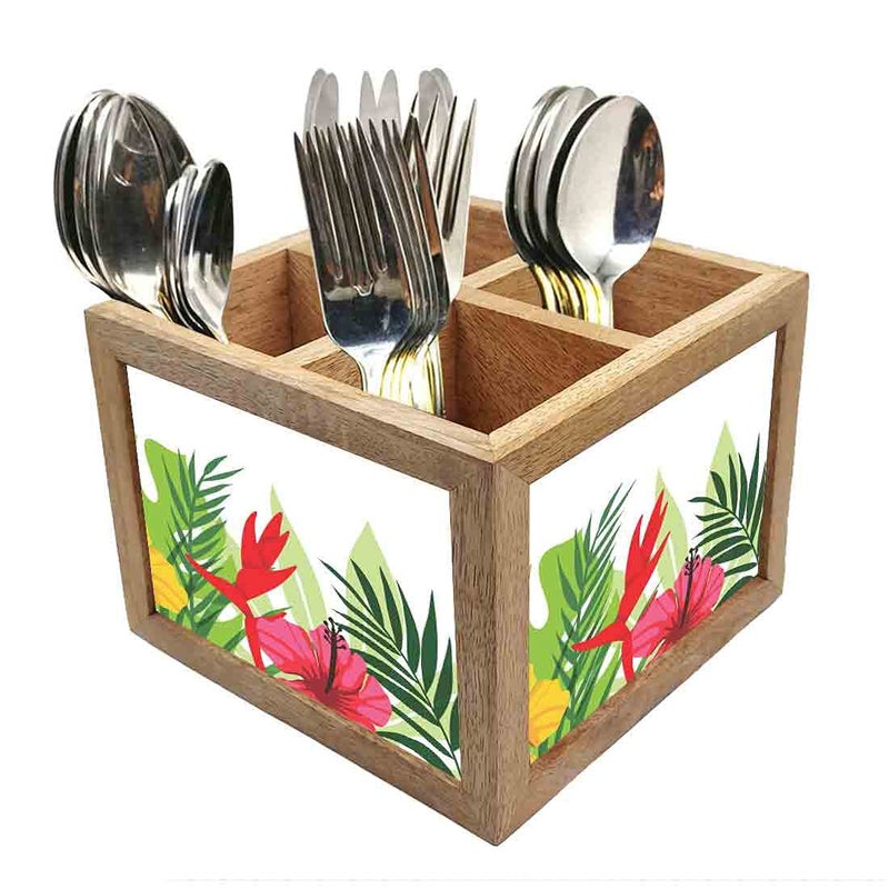 Nutcase Wooden Cutlery Stand Holder Silverware Caddy Spoons Forks Knives Organizer for Dining Table Kitchen Made in IndiaSpoons NOT Included Leaves - Image 1
