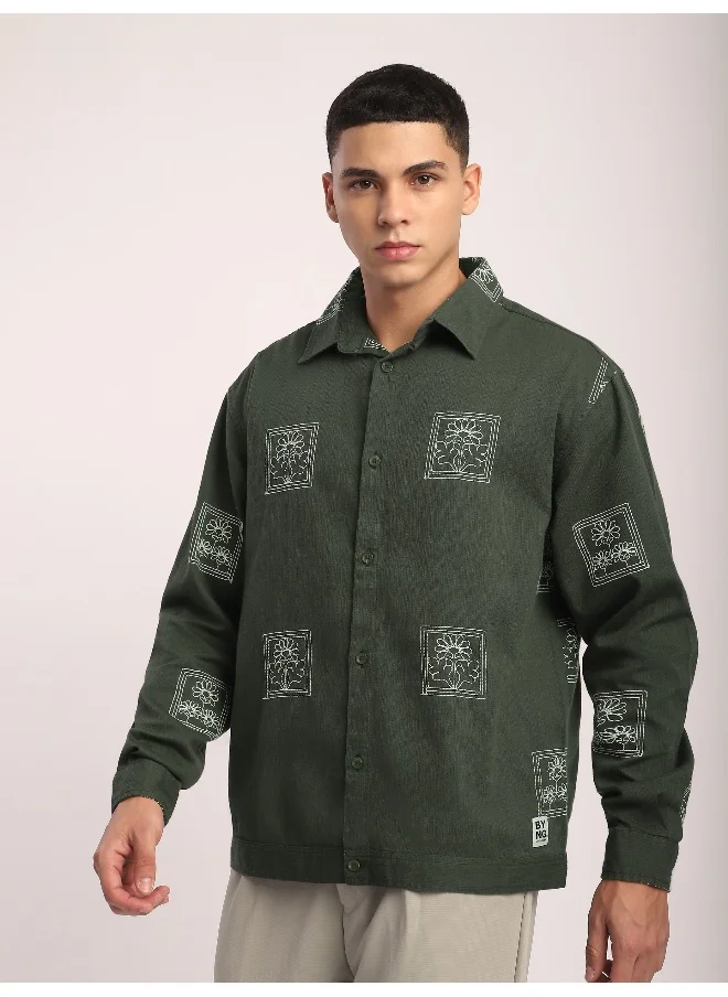 بيونغ Olive Green Geometric Floral Shacket