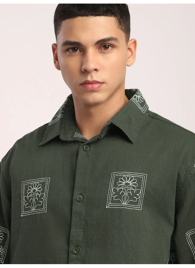 بيونغ Olive Green Geometric Floral Shacket