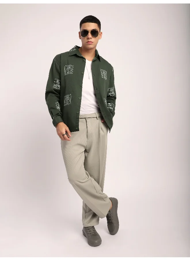 بيونغ Olive Green Geometric Floral Shacket