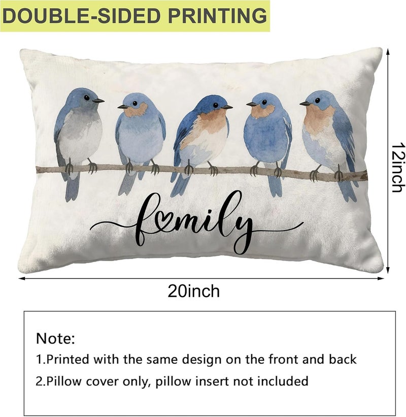 Identiy Blue Bird Family Throw Pillow Cover 12x20 Inch Pack of 1, Watercolor Cute Birds Decorative Pillow Case, Lumar Cushion Pillow Cover for Home Sofa Couch Indoor Outdoor - Image 2