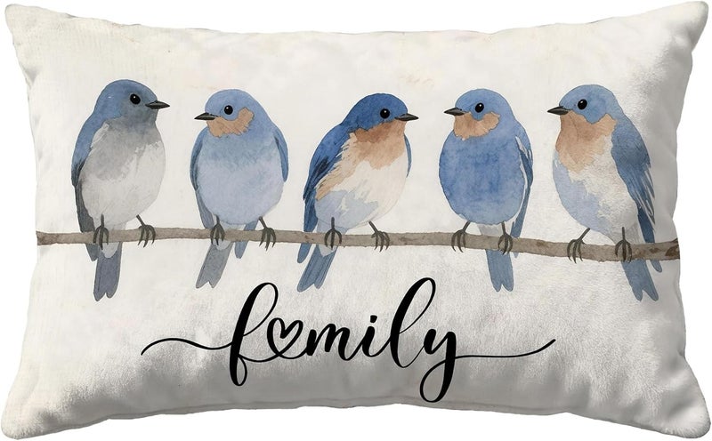 Identiy Blue Bird Family Throw Pillow Cover 12x20 Inch Pack of 1, Watercolor Cute Birds Decorative Pillow Case, Lumar Cushion Pillow Cover for Home Sofa Couch Indoor Outdoor - Image 1