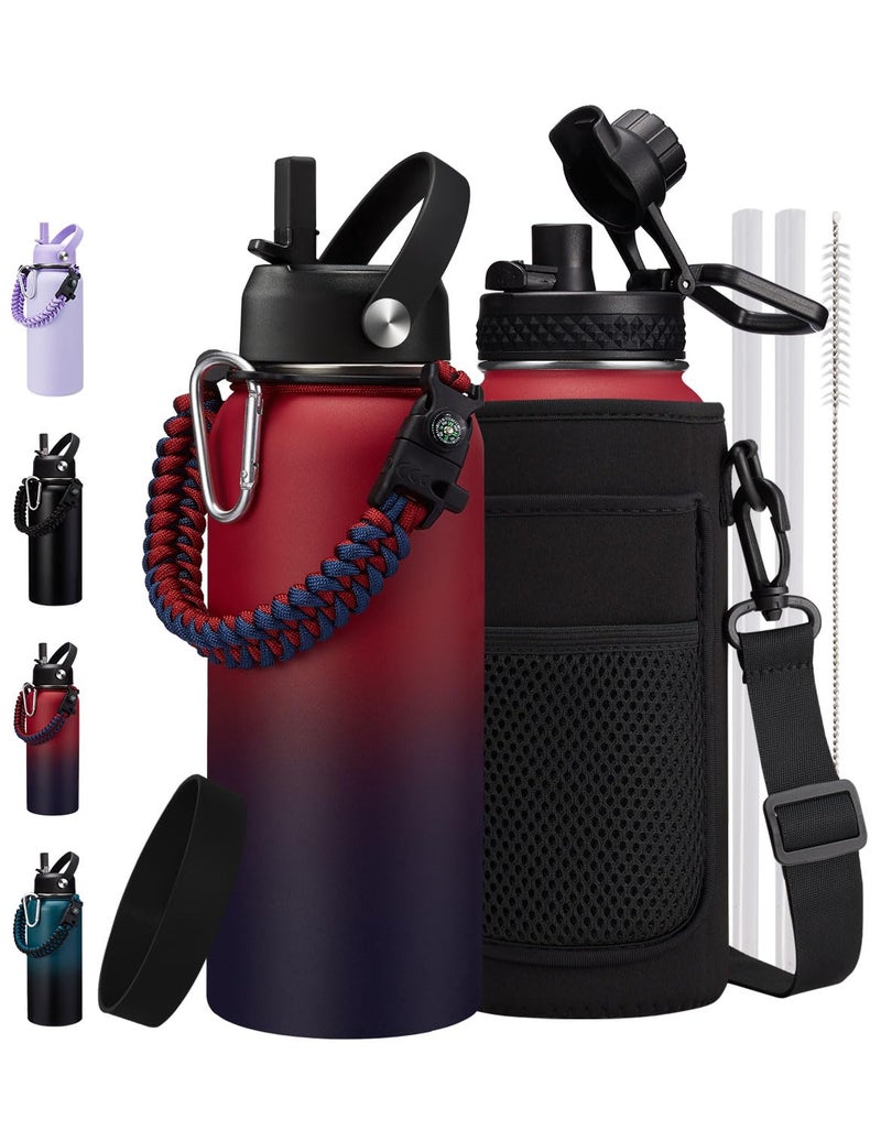 ICIOI 32 oz Water Bottles Insulated Flask - Stainless Steel Metal Water Jug Keep Cold-48h & Hot-24h  Triple-Wall Thermal Fitness Sports Water Bottle with Paracord Handle  Straw & Spout Lids  Bottle Sleeve - Image 1