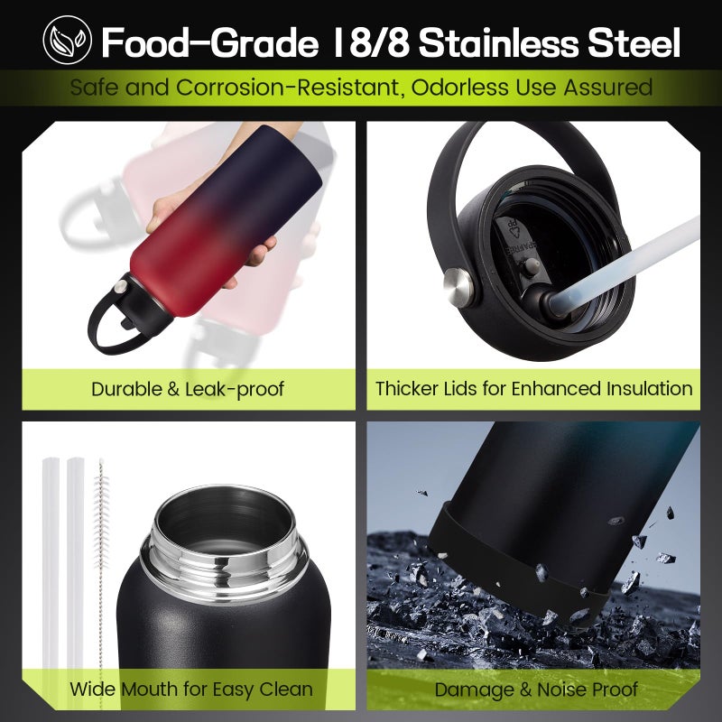 ICIOI 32 oz Water Bottles Insulated Flask - Stainless Steel Metal Water Jug Keep Cold-48h & Hot-24h  Triple-Wall Thermal Fitness Sports Water Bottle with Paracord Handle  Straw & Spout Lids  Bottle Sleeve - Image 4