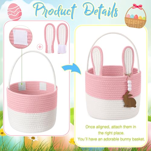 SiliFine Easter Basket for Kids Easter Bunny Basket with Name Tag Detachable Rabbit Ear Rustic Woven Gift for Girl Boy Baby Spring Party Decoration SuppliesPink9 X 75 - Image 3