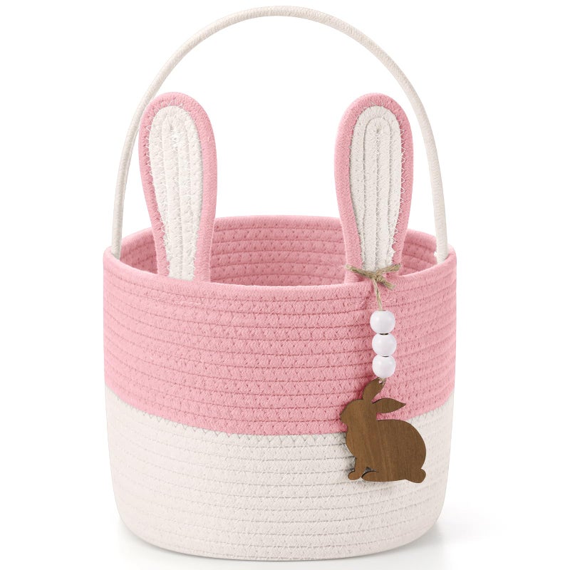SiliFine Easter Basket for Kids Easter Bunny Basket with Name Tag Detachable Rabbit Ear Rustic Woven Gift for Girl Boy Baby Spring Party Decoration SuppliesPink9 X 75 - Image 2