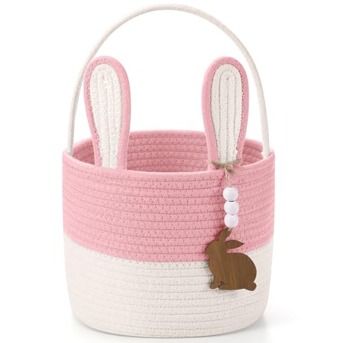 SiliFine Easter Basket for Kids Easter Bunny Basket with Name Tag Detachable Rabbit Ear Rustic Woven Gift for Girl Boy Baby Spring Party Decoration SuppliesPink9 X 75 - Image 1