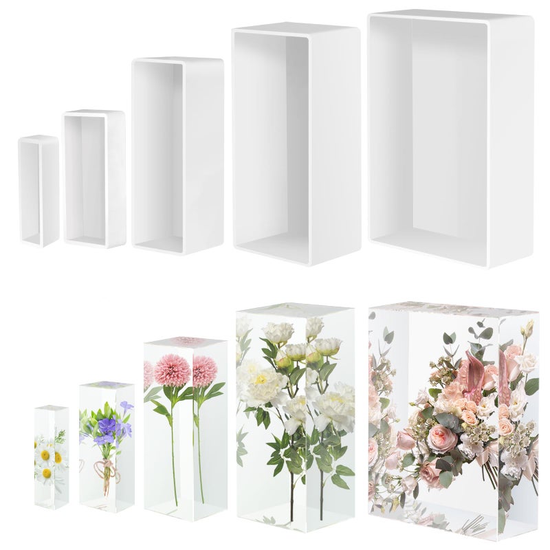 KISREL قوالب راتنج كبيرة مستطيلة قوالب سيليكون لرواسب الراتنج 5 قطع قوالب راتنج مكعبة مع دعم خشبي قوالب صب عميقة للحفاظ على الزهور وعينات الحشرات هدايا DIY لتزيين الأثاث