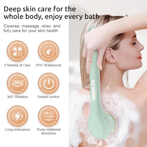 HANNEA® Electric Bath Brush USB Rechargeable IPX7 Ultra Waterproof Bath Brush with 6 Brush Heads & 3 Modes 360° Rotatable Bath Brush 14.5 Inches Long Electric Exfoliation Bath Brush - Image 2