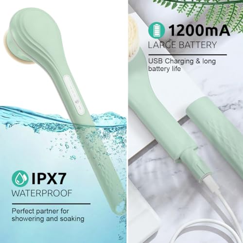 HANNEA® Electric Bath Brush USB Rechargeable IPX7 Ultra Waterproof Bath Brush with 6 Brush Heads & 3 Modes 360° Rotatable Bath Brush 14.5 Inches Long Electric Exfoliation Bath Brush - Image 5