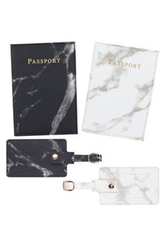 KASTWAVE 2pcs Luggage Tags and 2pcs Passport Covers - Suitcases Luggage Tag and Passport Holder Set, Marble PU Leather Covers & Labels for Family Travel Organization (Black+White)  - Image 1
