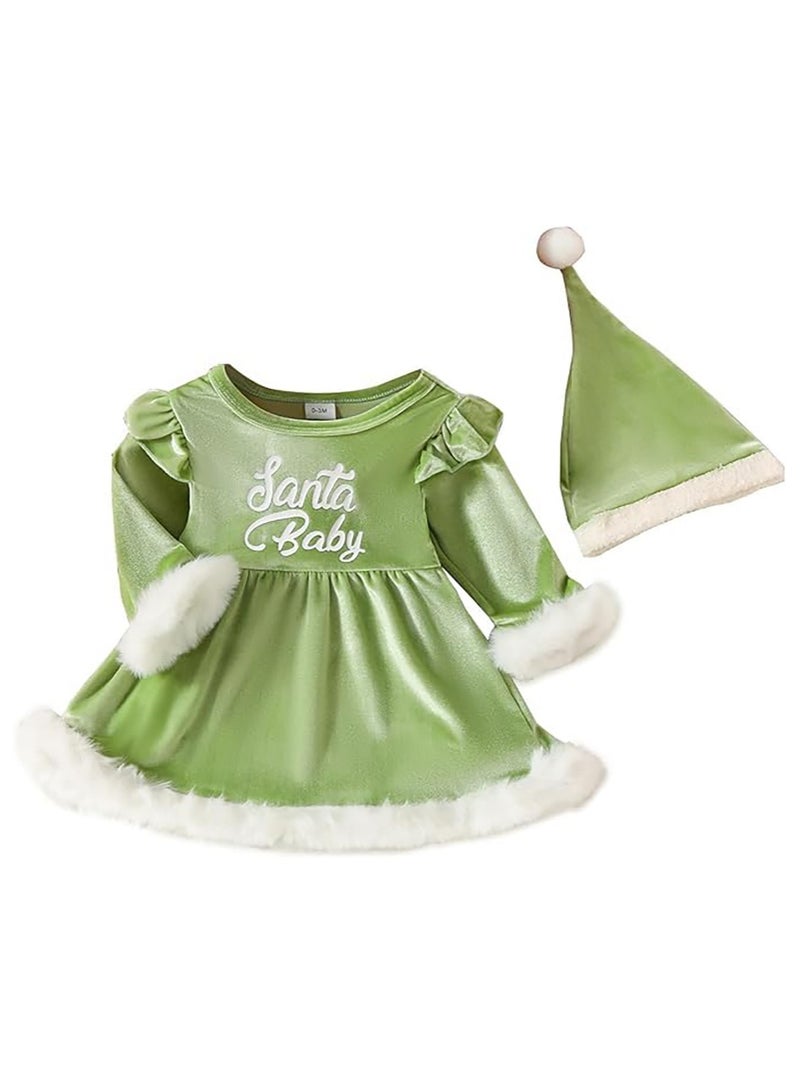 Children's Dress with Hood Velvet Jumpsuit Baby Jumpsuit Autumn and Winter Newborn Clothes Set Christmas (Green) - Image 1