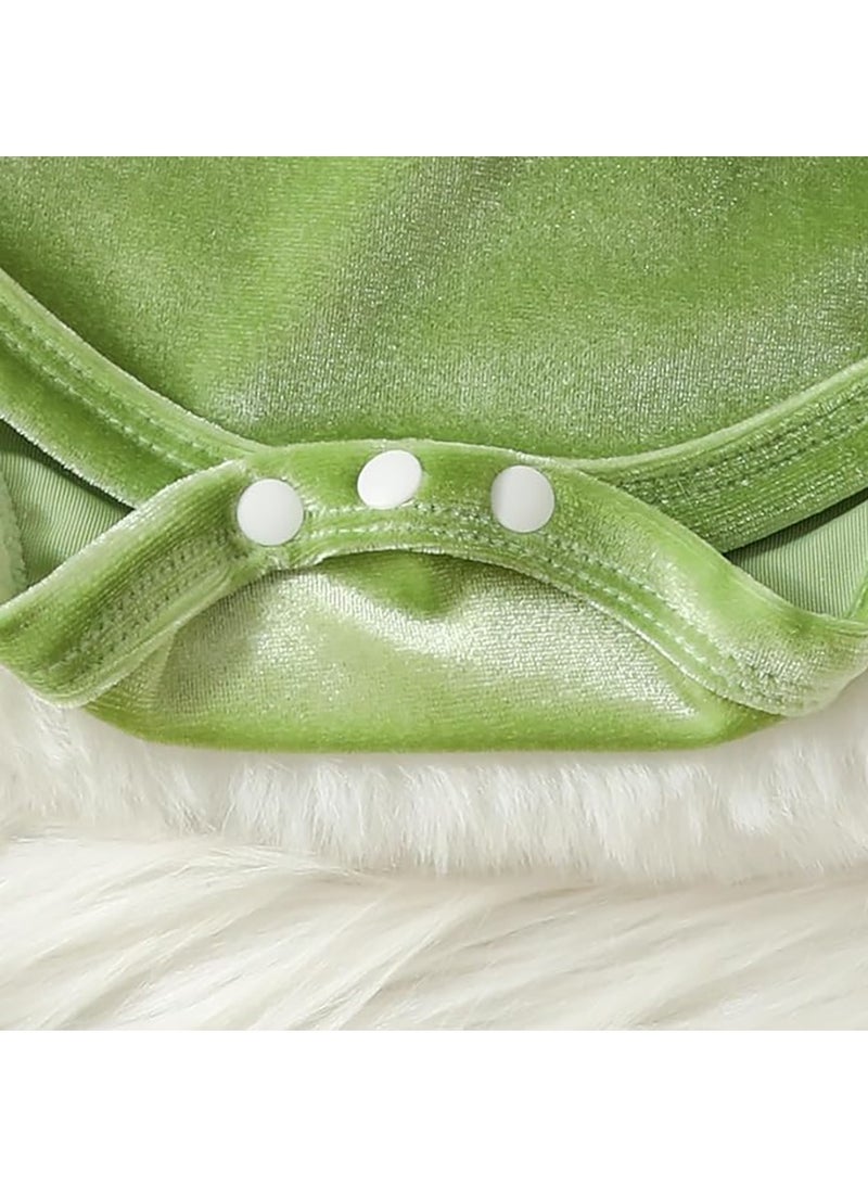 Children's Dress with Hood Velvet Jumpsuit Baby Jumpsuit Autumn and Winter Newborn Clothes Set Christmas (Green) - Image 5