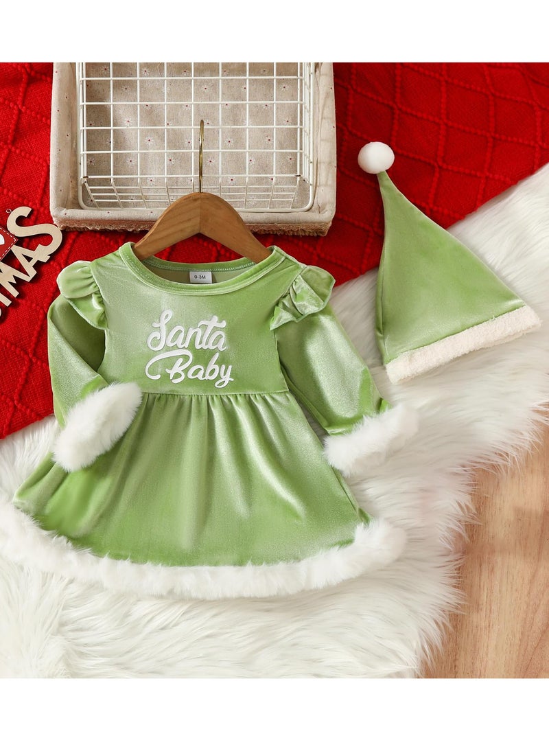Children's Dress with Hood Velvet Jumpsuit Baby Jumpsuit Autumn and Winter Newborn Clothes Set Christmas (Green) - Image 2