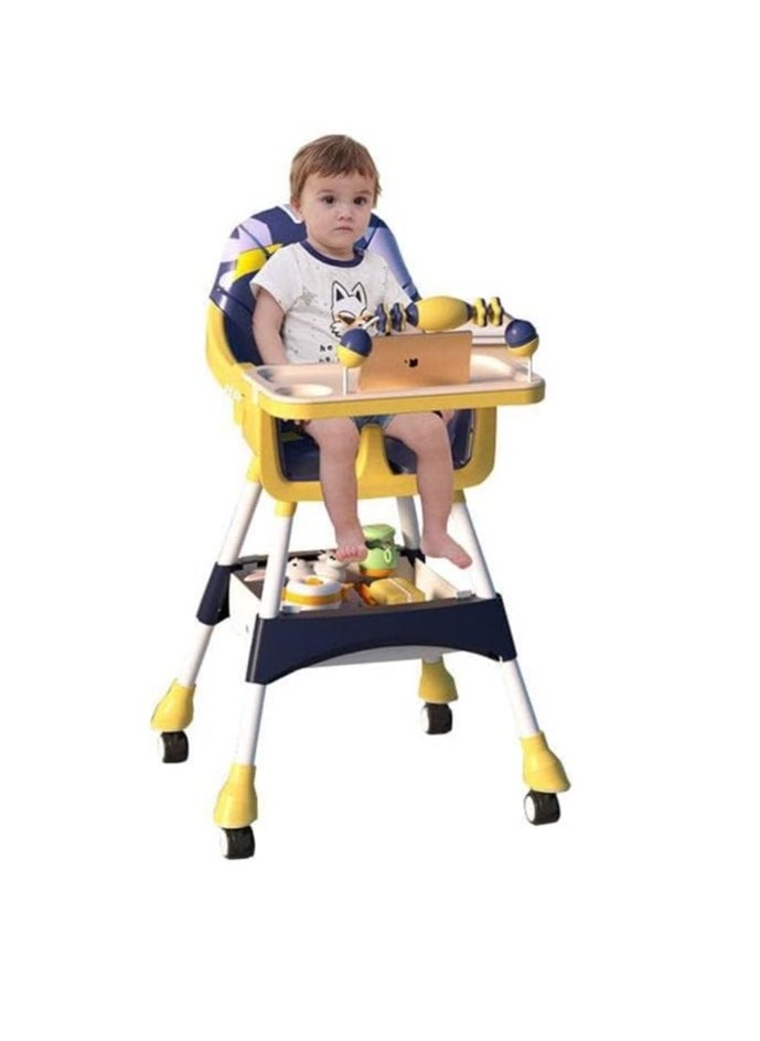 ماركة غير محددة كرسي طعام مرتفع قابل للتحويل للأطفال من TOYS-EGYPT، مع ارتفاع ومسند قدم قابل للتعديل، مقعد معزز لتغذية الطفل مع صينية وعجلات وحزام أمان للأطفال الصغار (كحلي/أصفر) (S360)  - Image 2