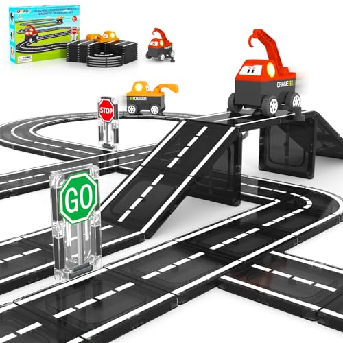 ORZbb Magnetic Tiles Roads Engineering Vehicle Set Magnetic Blocks Road Truck Car Toys for 3 4 5 6 Year Old Boys Girls Cars Games Classroom Montessori Toys for Kids Educational STEM Toy Birthday Gifts - Image 1