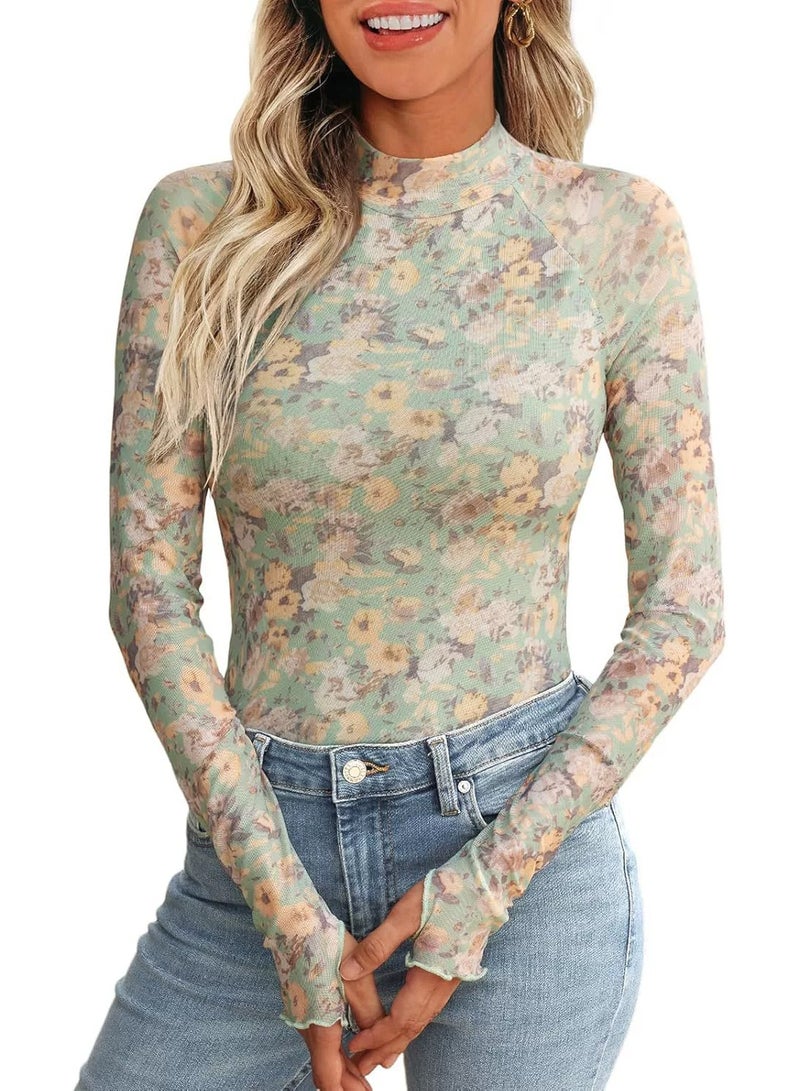 general Dealmore Lace Sheer Long Sleeve Floral Mesh Mockneck Trendy Cute Going Out Tops for Women Fall Fashion Outfits 2025-2026 Clothes - Image 1