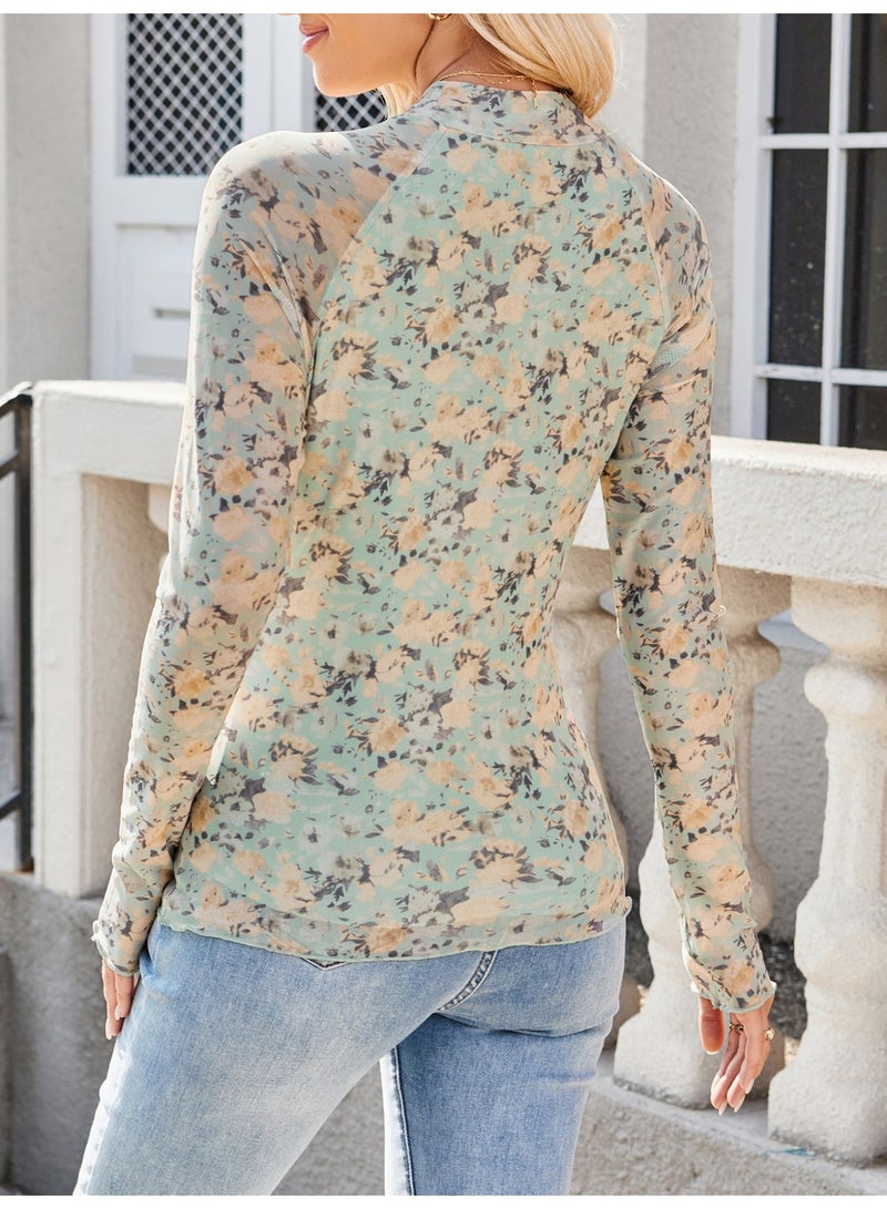 general Dealmore Lace Sheer Long Sleeve Floral Mesh Mockneck Trendy Cute Going Out Tops for Women Fall Fashion Outfits 2025-2026 Clothes - Image 2