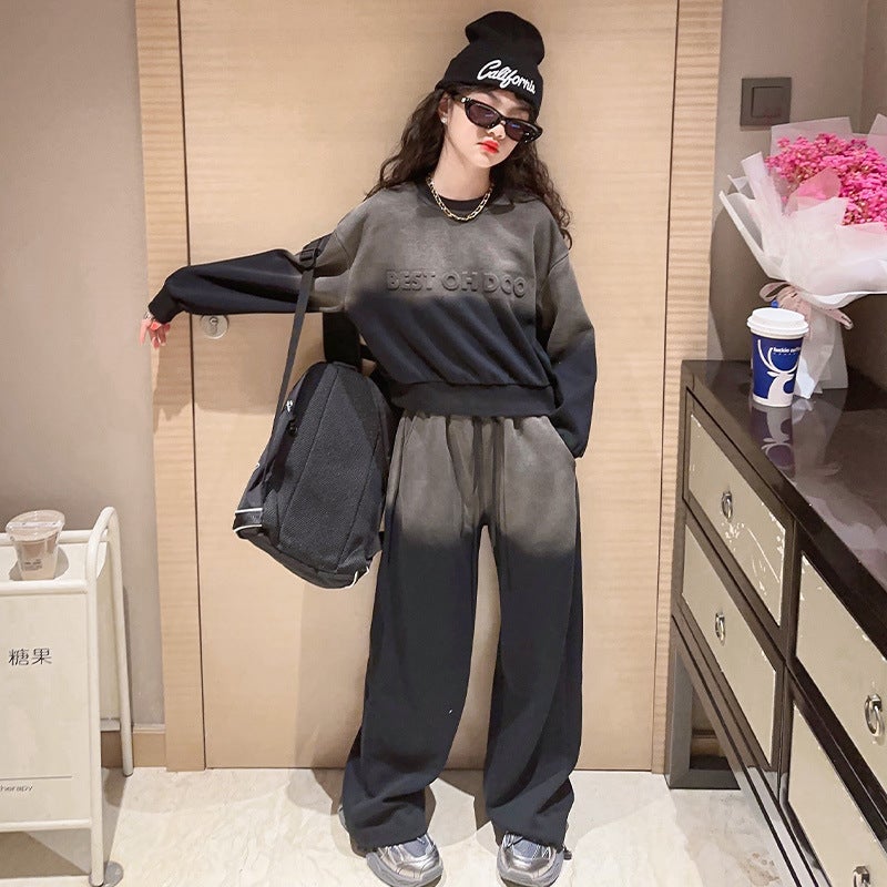 Girls Tie-Dye Gradient Suit Trendy Hoodie Wide Leg Pants Set Black