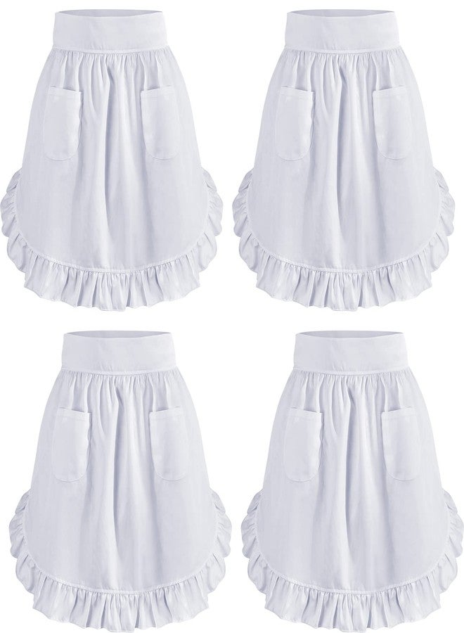 Hercicy 4 Pcs Halloween Waist Apron Ruffle with Pockets Retro Apron Half Maid Cute Vintage Pinafore for Women(White) - Image 1