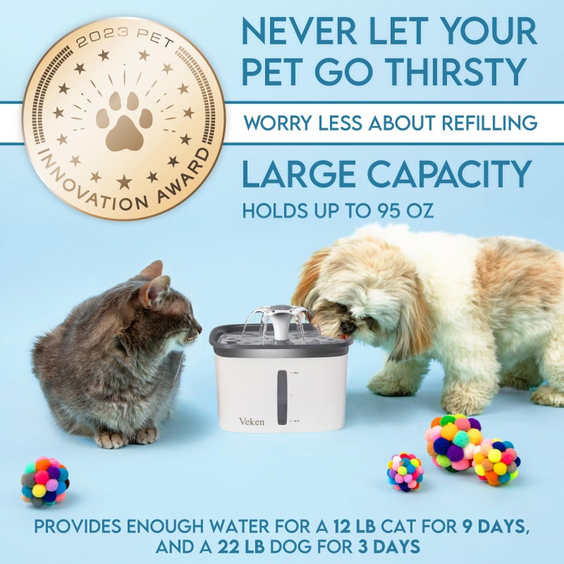 Veken Innovation Award Winner 95oz/2.8L Pet Fountain, Automatic Cat Water Fountain Dog Water Dispenser with Replacement Filters, Gifts for Cats, Dogs, Multiple Pets (Grey, Plastic) - Image 3