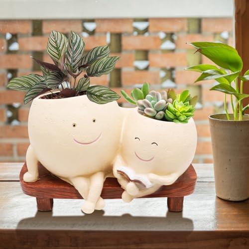 LAUGOKOBE Smily Face Planter Pot for Plants, Cute Double Head Planters for Indoor Outdoor Plants, Modern Lady Head Vase Girl Face Planter, Unique Succulent Pots with Drainage Hole (Khaki) - Image 2
