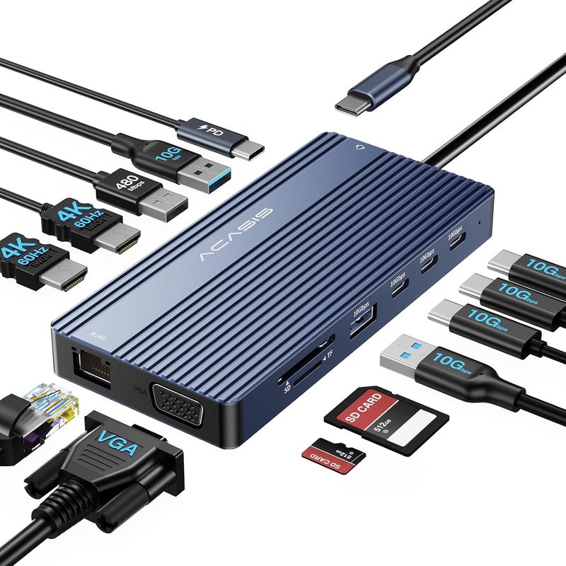 أكاسيس محطة إرساء USB C مع شاشتي HDMI، محطة إرساء لابتوب لثلاث شاشات، 2 × HDMI 4K + VGA 1080p + PD 100W + إيثرنت + 3 USB-C 10Gbps + SD/TF + محول صوت، محور USB C لأجهزة Dell/Lenovo/HP/ThinkPad - Image 1