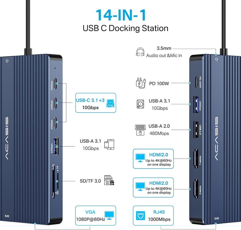 أكاسيس محطة إرساء USB C مع شاشتي HDMI، محطة إرساء لابتوب لثلاث شاشات، 2 × HDMI 4K + VGA 1080p + PD 100W + إيثرنت + 3 USB-C 10Gbps + SD/TF + محول صوت، محور USB C لأجهزة Dell/Lenovo/HP/ThinkPad - Image 2