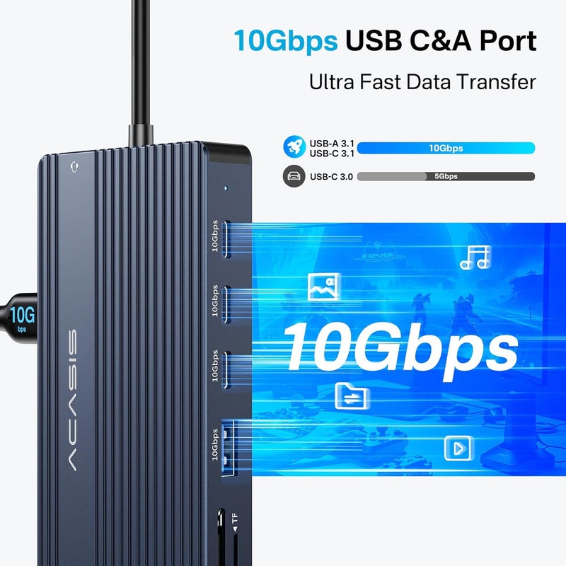 أكاسيس محطة إرساء USB C مع شاشتي HDMI، محطة إرساء لابتوب لثلاث شاشات، 2 × HDMI 4K + VGA 1080p + PD 100W + إيثرنت + 3 USB-C 10Gbps + SD/TF + محول صوت، محور USB C لأجهزة Dell/Lenovo/HP/ThinkPad - Image 5