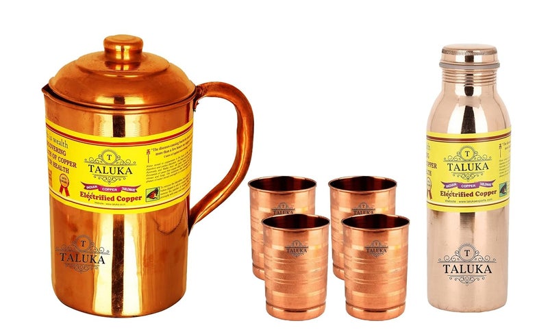 Taluka Handmade Plain Copper Jug Pitcher 1500 ml with 4 Copper Glass Cup 1 Leak Proof Joint Free Water Bottle Storage Drinking Home Hotel Restaurant Tableware - Image 1