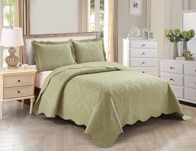 3PC KINGCAL KING OVER SIZE ELEGANT EMBOSSED BEDSPREAD SET LIGHT WEIGHT SOLID SAGE NEW STACY