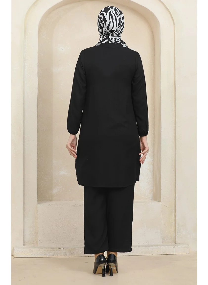 Sefa Merve Button Detailed Tunic Trousers Two Piece Set 1004-06 Black