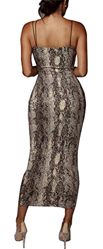 PRIMODA Women's Sexy Neon Asymmetrical Spaghetti Strap Dress Deep V-Neck Sleeveless Bodycon Midi Club Dress (Snake M) - Image 4