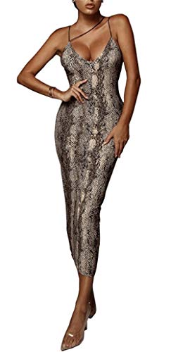 PRIMODA Women's Sexy Neon Asymmetrical Spaghetti Strap Dress Deep V-Neck Sleeveless Bodycon Midi Club Dress (Snake M) - Image 1